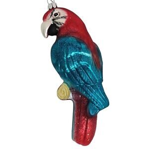 Vibrant Red Blue Brown Sparkley Parrot Bird Glass Ornament for Tree 6" Tall